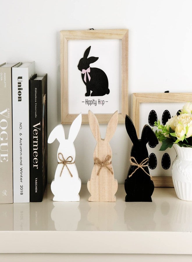 Treory Easter Decorations for the Home, 3 pcs Easter Bunny Wooden Table Centerpiece Signs Rustic Tiered Tray Farmhouse Decor for Gifts, Black, White, Natural Wood Color - Image 5