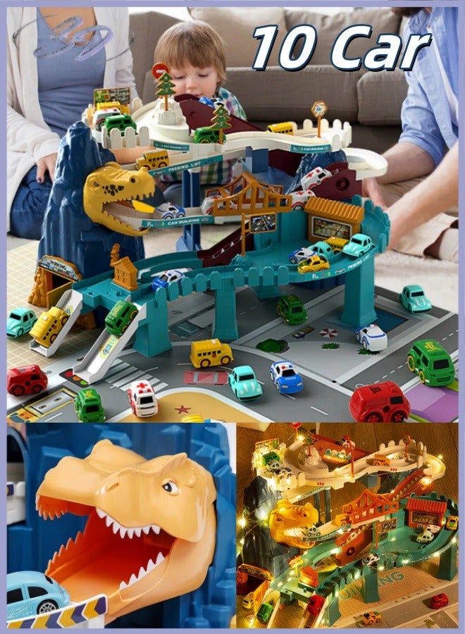 10 Car Toy Car Ramp Track Set Dinosaur Track Adventure Toy for Kids with Mini Cars, Double Mode Spiral Elevator,Multi-piece Changing Track,Light and Sound for 3-8 Year Old Toddler Boys Preschool Girls  - Image 1