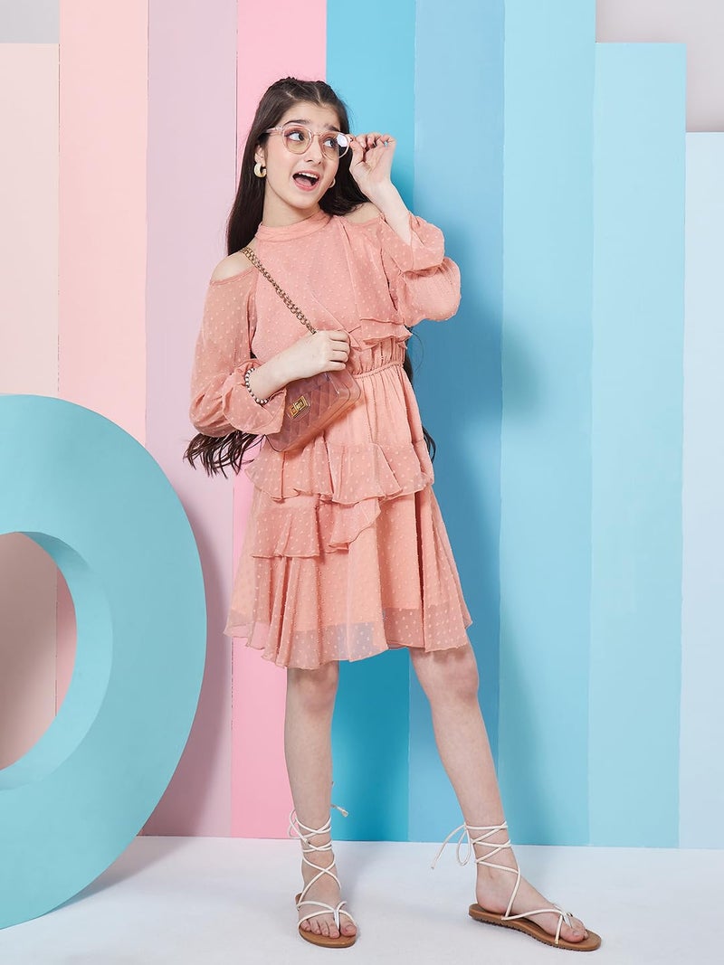 Pspeaches Girl's Self Design Halter Neck Bell Sleeves Layered Ruffled A-Line Dress Orange Color Stylish & Trandy (12-13Years) - Image 3