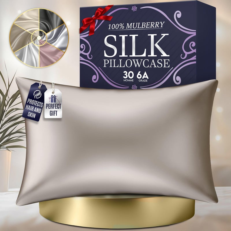 DECOLURE 100% Pure Mulberry Silk Pillow Case Standard Size - High Grade 30 Momme 6A+  Luxuriously Soft & Cooling Silk Pillowcase for Hair & Skin  Hypoallergenic  Breathable  Hidden Zipper (Champagne) - Image 1