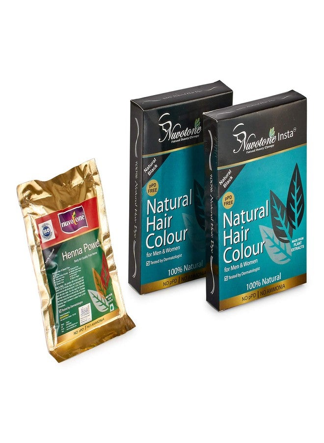 Nuvotone Ppd And Ammonia-free Ayurvedic Natural Black Hair color Kit - Insta Natural Hair color (Natural Black) [Pack Of 2] And Body Art Quality Henna Powder - Image 1