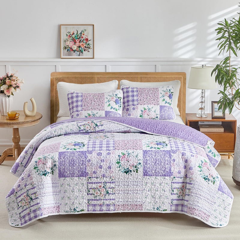 Joyreap 2 Pieces Floral Quilt Set Twin, Patchwork Purple n Pink Flowers Design, Smooth Soft Microfiber Quilt, Bedspread Bed Cover for All Season, 1 Quilt and 1 Pillow Sham- 68x86 inches - Image 1