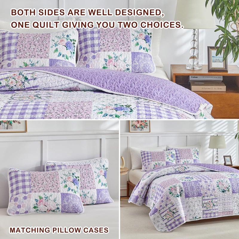 Joyreap 2 Pieces Floral Quilt Set Twin, Patchwork Purple n Pink Flowers Design, Smooth Soft Microfiber Quilt, Bedspread Bed Cover for All Season, 1 Quilt and 1 Pillow Sham- 68x86 inches - Image 5