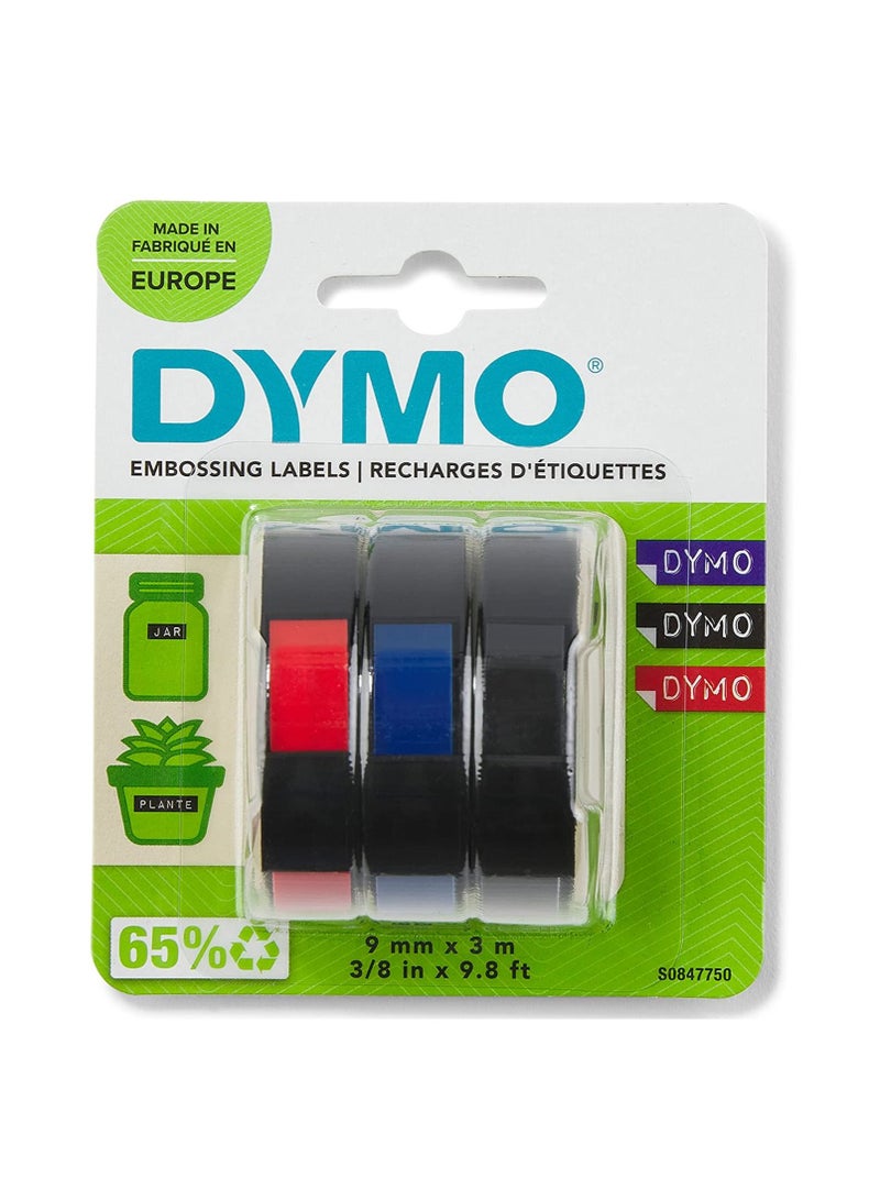 Dymo شريط ديمو المحفور المتنوع أزرق، أحمر وأسود 3م × 9مم - عبوة من 3، أزرق/أسود/أحمر - Image 1
