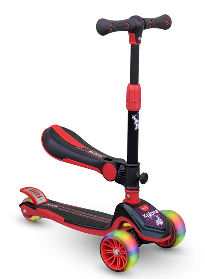 Moon Xplora Foldable Baby Scooter with Seat, a 3-wheel convertible kids' scooter in red and black - Image 1