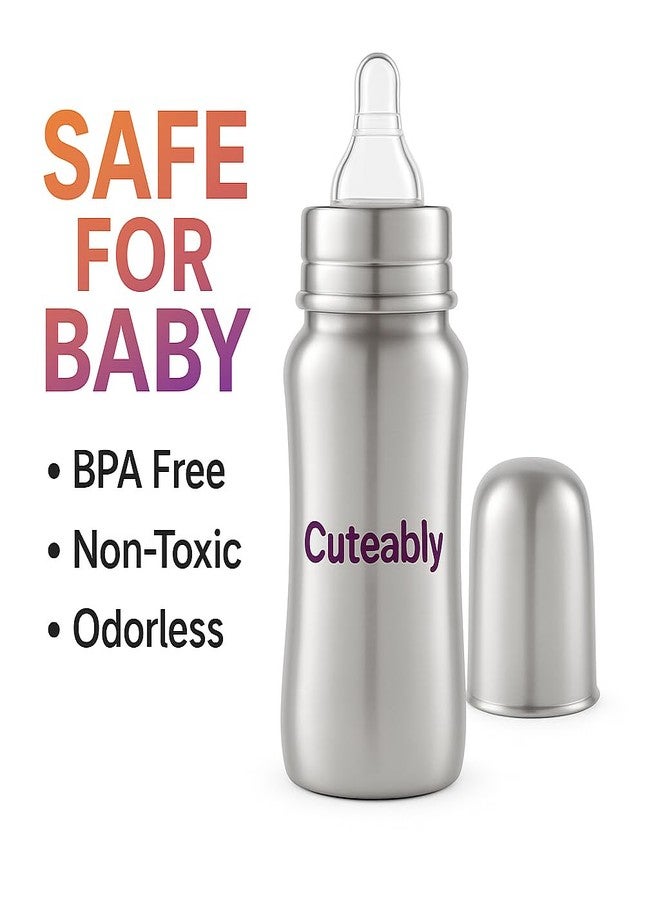Cuteably Stainless Steel Wide Mouth Bottle | Anti-Colic Nipple Baby | Rust-Free BPA-Free Bottles for Newborn (200 ML) - Image 4