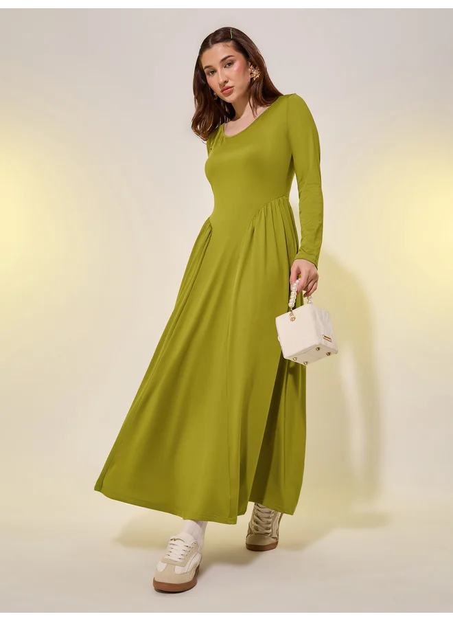 Take Two Take Two Solid Gathered Waist A-Line Midi Dress