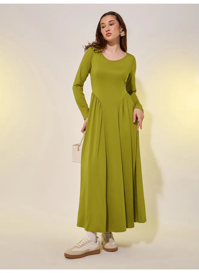 Take Two Take Two Solid Gathered Waist A-Line Midi Dress