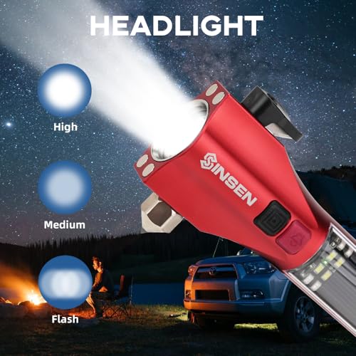 SINSEN Emergency Flashlight for Car, Seatbelt Cutter Window Breaker, 16-in-1 Multifunctional Safety Tool—Glass Hammer/Bright Solar Torch/Rechargeable/Rescue Alarm & Beacon/Repair Magnet - Image 4