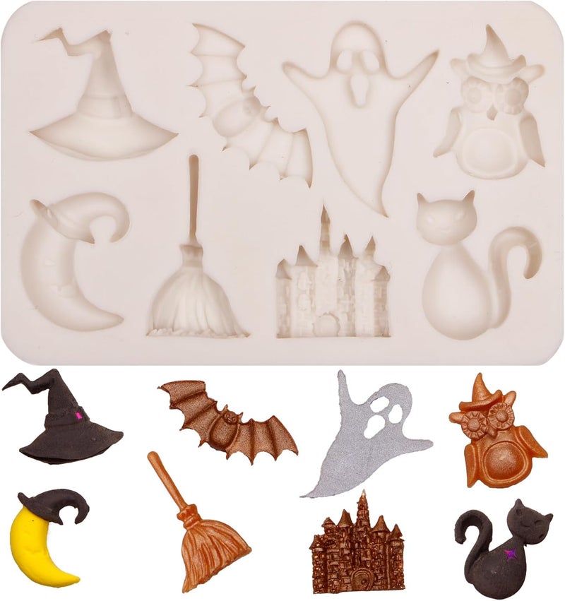 Caregene Witch Hat Moon Magic Fairy Castle Fondant Mold, Halloween Ghost Bat Owl Cat Silicone Chocolate Molds for Cake Decoration Cupcake Topper Candy Gum Paste Sugar Craft Clay Resin - Image 1
