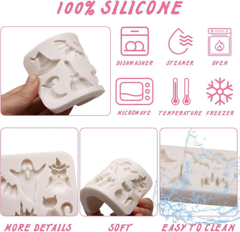 Caregene Witch Hat Moon Magic Fairy Castle Fondant Mold, Halloween Ghost Bat Owl Cat Silicone Chocolate Molds for Cake Decoration Cupcake Topper Candy Gum Paste Sugar Craft Clay Resin - Image 3