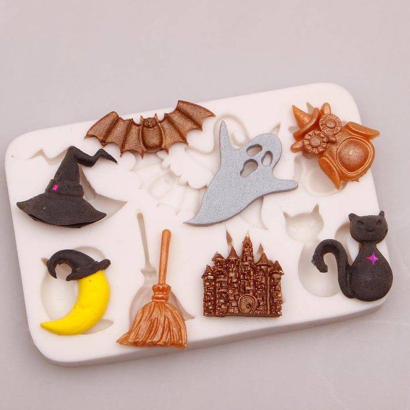 Caregene Witch Hat Moon Magic Fairy Castle Fondant Mold, Halloween Ghost Bat Owl Cat Silicone Chocolate Molds for Cake Decoration Cupcake Topper Candy Gum Paste Sugar Craft Clay Resin - Image 5