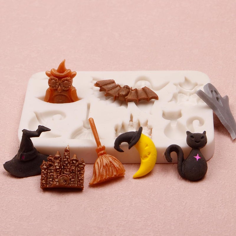 Caregene Witch Hat Moon Magic Fairy Castle Fondant Mold, Halloween Ghost Bat Owl Cat Silicone Chocolate Molds for Cake Decoration Cupcake Topper Candy Gum Paste Sugar Craft Clay Resin - Image 4