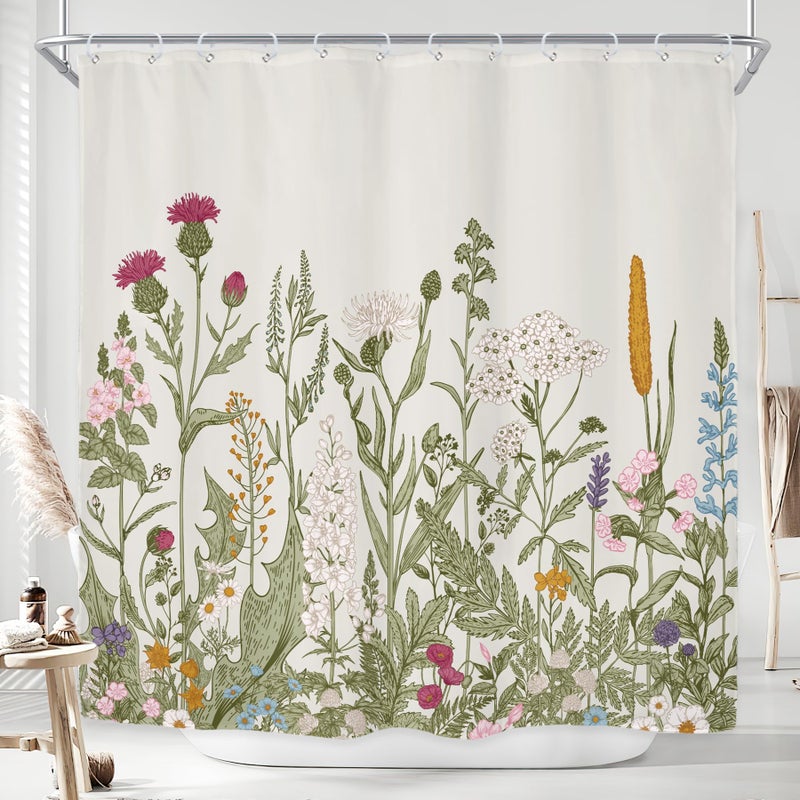 Riyidecor Wildflower Botanical Shower Curtain for Bathroom Decor 72Wx72H Inch Floral Flower Plant Herbs Sage Green Leaves Decorative Bath Set Bathroom Accessories Fabric Waterproof 12 Pack Hooks - Image 1