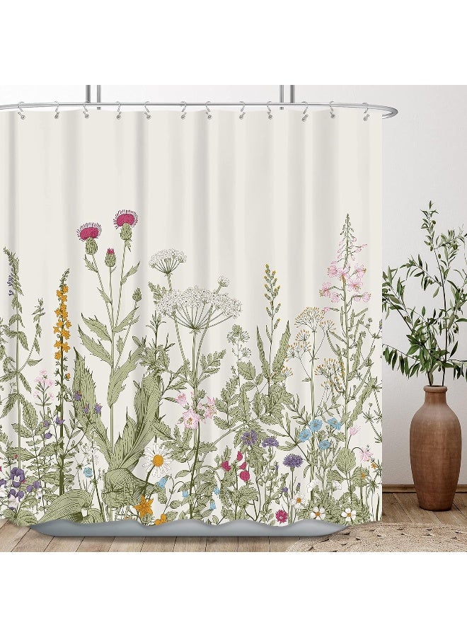 Riyidecor Wildflower Botanical Shower Curtain for Bathroom Decor 72Wx72H Inch Floral Flower Plant Herbs Sage Green Leaves Decorative Bath Set Bathroom Accessories Fabric Waterproof 12 Pack Hooks - Image 2