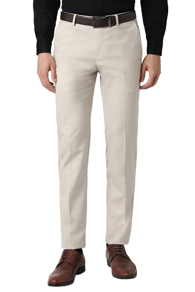 Peter England Men Slim Fit Premium Flat Front Trouser, Mid Rise, Beige, 32 - Image 1