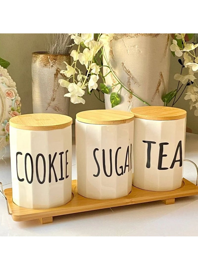 Very Chic 3 Piece Large Porcelain Coffee Jar Set 1 Bamboo Tray Includes Bamboo Wood Lid Airtight Lid to Keep Spices Fresh Imported The set is made of high quality premium materials such as porcelain, making it durable and break resistant. - Image 1