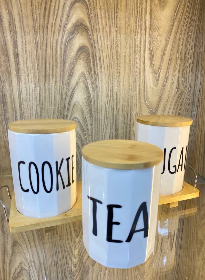 Very Chic 3 Piece Large Porcelain Coffee Jar Set 1 Bamboo Tray Includes Bamboo Wood Lid Airtight Lid to Keep Spices Fresh Imported The set is made of high quality premium materials such as porcelain, making it durable and break resistant. - Image 3