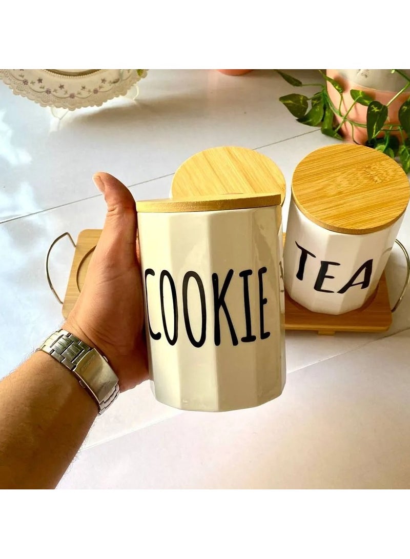 Very Chic 3 Piece Large Porcelain Coffee Jar Set 1 Bamboo Tray Includes Bamboo Wood Lid Airtight Lid to Keep Spices Fresh Imported The set is made of high quality premium materials such as porcelain, making it durable and break resistant. - Image 4