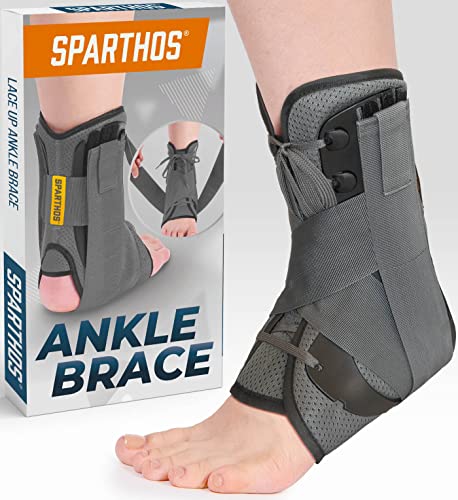 Sparthos Lace Up Ankle Brace - Adjustable Support for Running, Basketball, Volleyball - for Injury Recovery and Sprains - Compression Stabilizer Braces - For Men & Women (Gray - Large) - Image 1