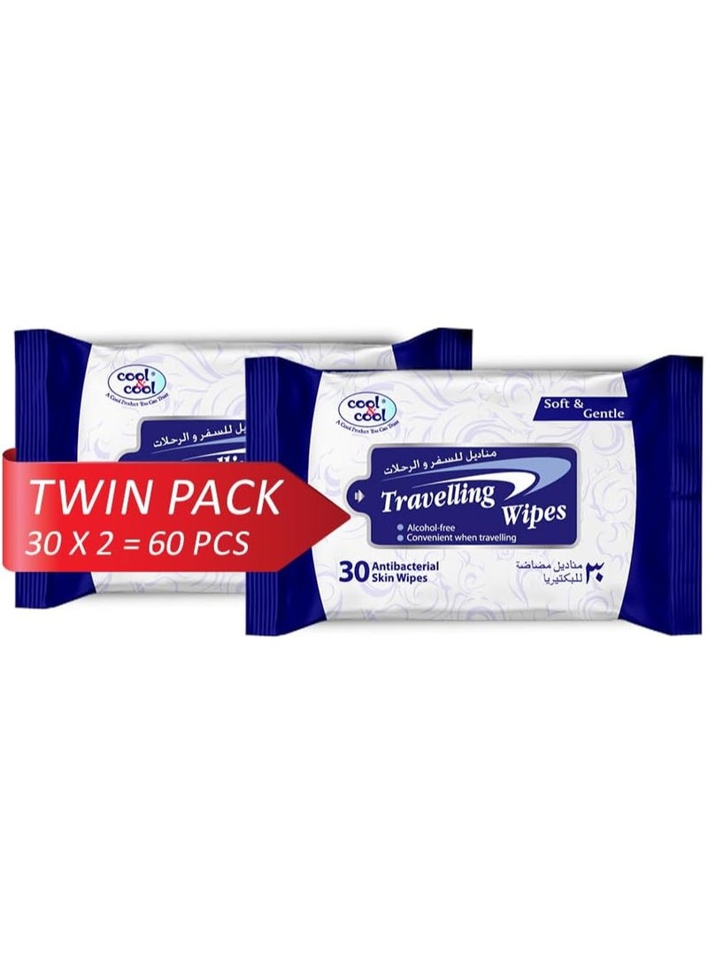 Cool & Cool Cool & Cool Travelling Wipes - 30's (Pack of 2) - Convenient for Travel,Antibacterial Skin Wipes with Vitamin E,Aloe Vera Gel & Herb Extract,Soft & Gentle - 60 Wipes - Image 1