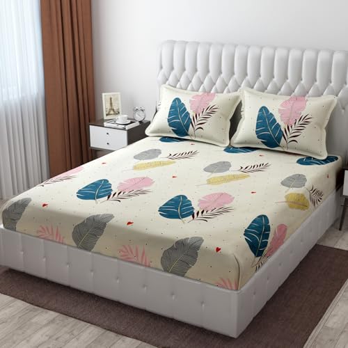 CB HOME Glace Cotton Fitted King Size Bedsheet for Double Bed with 2 Pillow Covers 72x78x8'' All Round Elastic (Print 13, Floral & Traditional King), Multicolor, 300 TC - Image 1