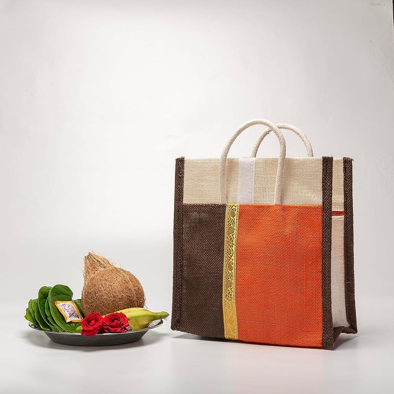 SOMAN Jute Thamboolam Bags for Return Gifts Brown and Orange Combo - Pack of 10 bags - Image 2