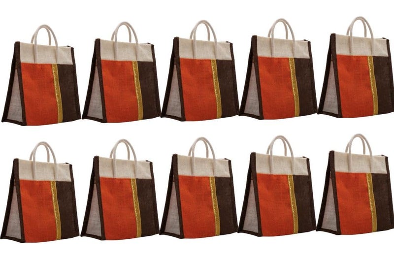 SOMAN Jute Thamboolam Bags for Return Gifts Brown and Orange Combo - Pack of 10 bags - Image 1