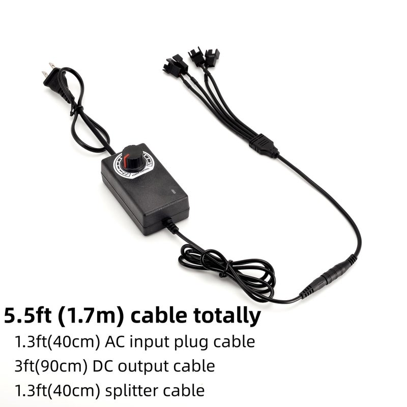 Tokatuker 12V PC Fan Speed Controller, Fan Power Supply 100-240V AC to 3-12V DC 36W Adjustable, with Fan Splitter Cable 4X 3pin or 4pin Connector AC DC Adapter - Image 3