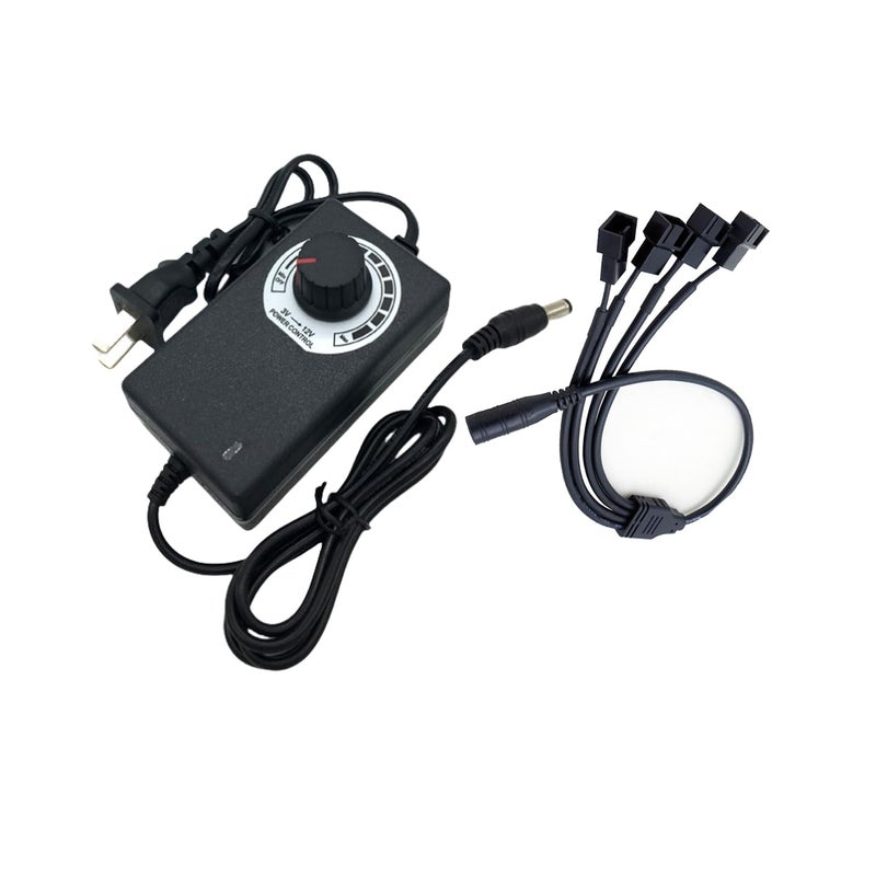 Tokatuker 12V PC Fan Speed Controller, Fan Power Supply 100-240V AC to 3-12V DC 36W Adjustable, with Fan Splitter Cable 4X 3pin or 4pin Connector AC DC Adapter - Image 1