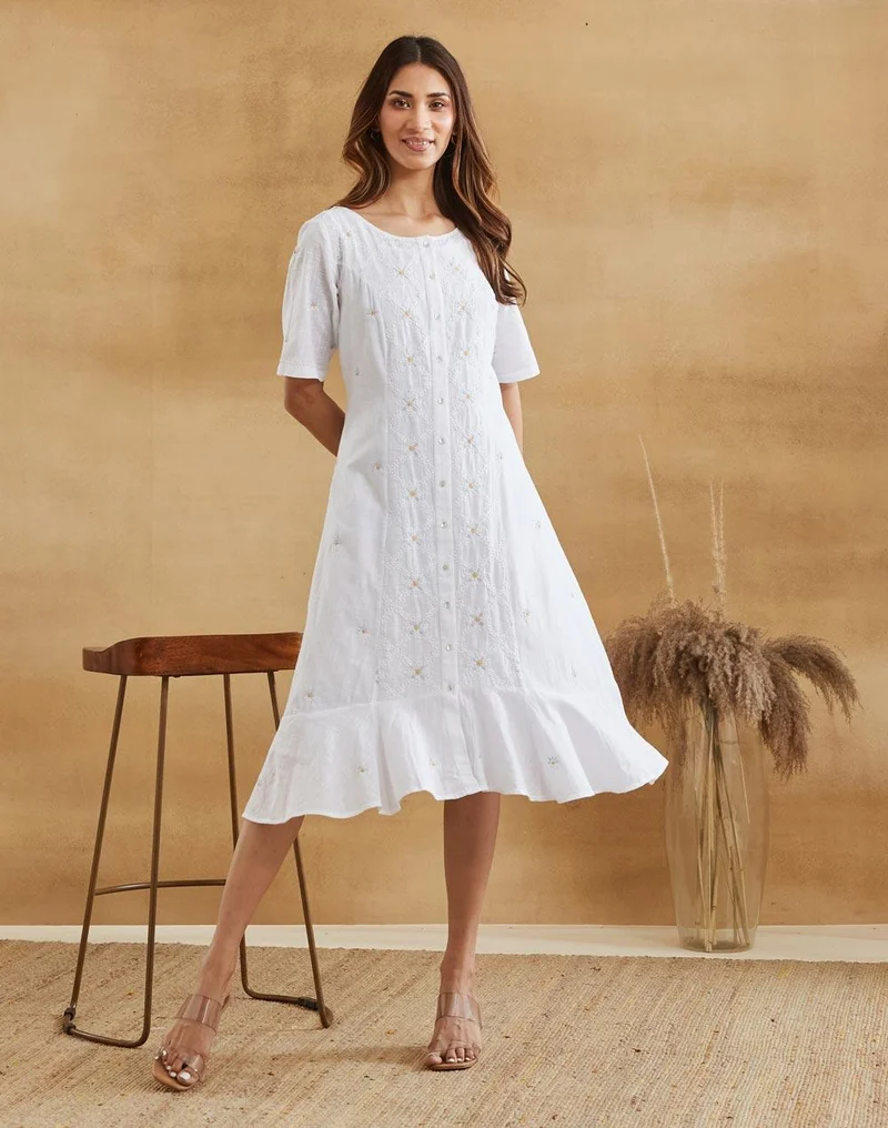 فاب انديا White Cotton Chikankari Peony Ruffle Midi Dress & Lining