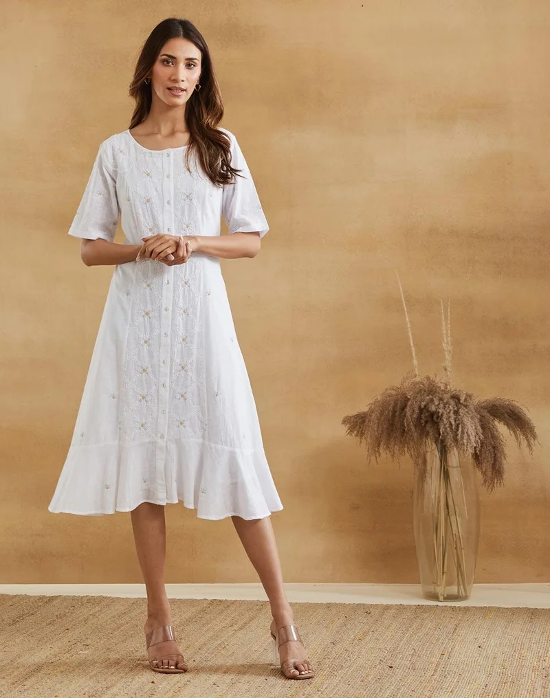 فاب انديا White Cotton Chikankari Peony Ruffle Midi Dress & Lining