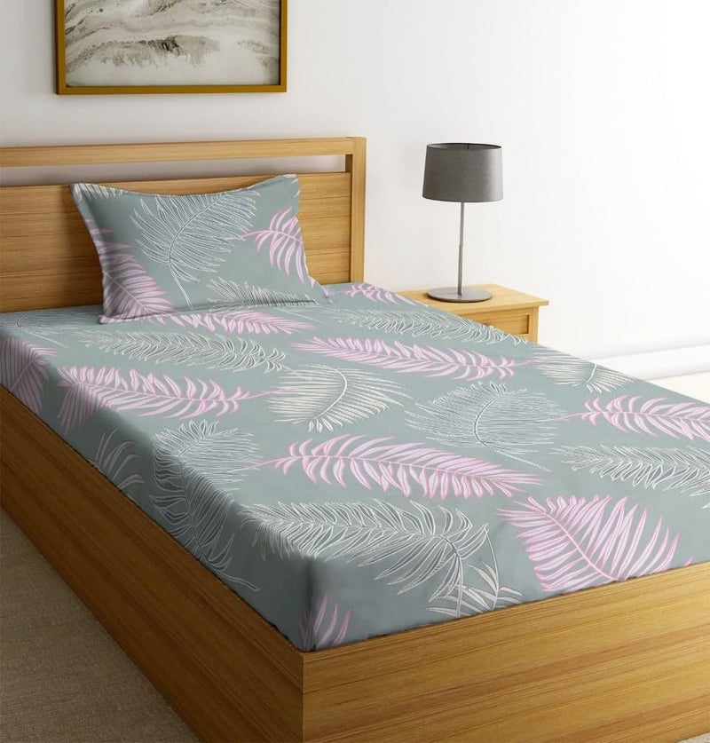 NEW LEAF Glace Cotton 200 TC Flat Single Bedsheets For Summer Breathable | Wrinklefree (Size-60 X 90 Inch) With 1 Pillow Covers (Size-17 X 27 Inches, LEAF Print Pastle Green Pink), Small_Single - Image 3