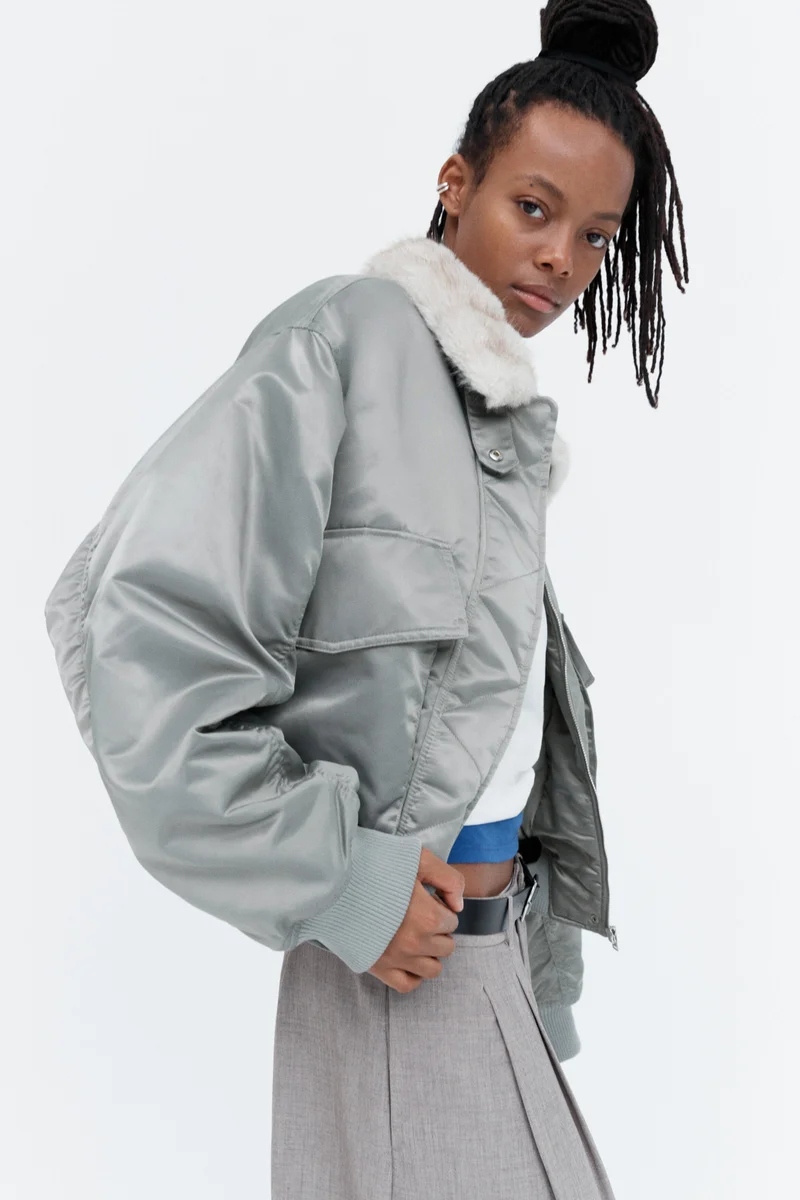 Oversized fluffy-collared bomber jacket