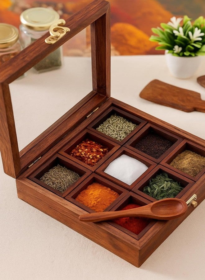 THEHEARTWILL® Sheesham Wood Spice Box with 2 Spoons – 9 Compartments Masala Box/Masala Dabba/Masala Container/Masala Dabba Organizer for Kitchen | Decorative Handmade Wooden Storage Box (Brown). - Image 4