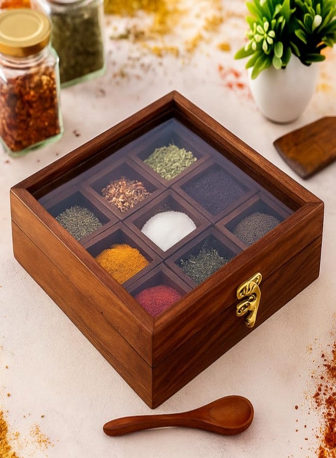 THEHEARTWILL® Sheesham Wood Spice Box with 2 Spoons – 9 Compartments Masala Box/Masala Dabba/Masala Container/Masala Dabba Organizer for Kitchen | Decorative Handmade Wooden Storage Box (Brown). - Image 1