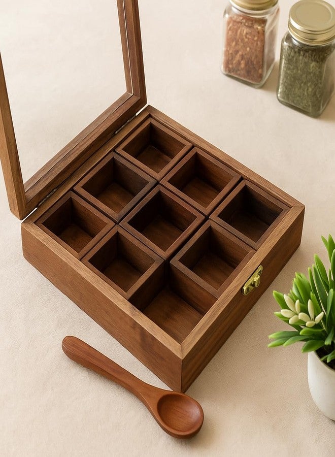THEHEARTWILL® Sheesham Wood Spice Box with 2 Spoons – 9 Compartments Masala Box/Masala Dabba/Masala Container/Masala Dabba Organizer for Kitchen | Decorative Handmade Wooden Storage Box (Brown). - Image 2