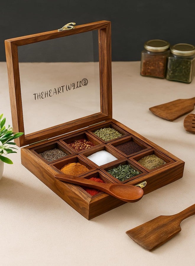 THEHEARTWILL® Sheesham Wood Spice Box with 2 Spoons – 9 Compartments Masala Box/Masala Dabba/Masala Container/Masala Dabba Organizer for Kitchen | Decorative Handmade Wooden Storage Box (Brown). - Image 5