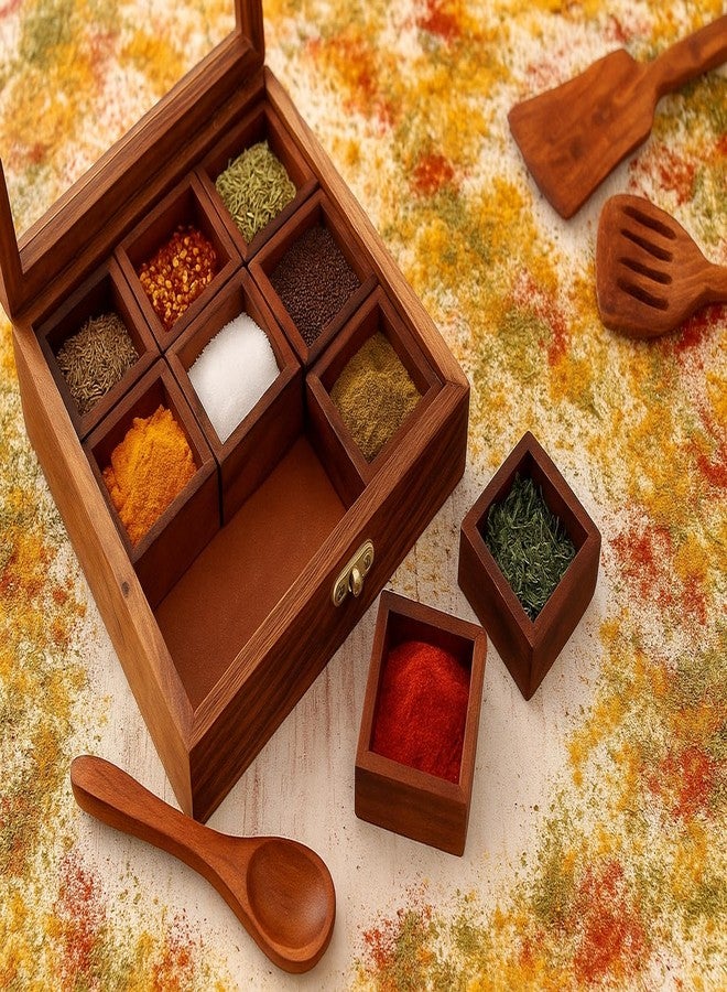 THEHEARTWILL® Sheesham Wood Spice Box with 2 Spoons – 9 Compartments Masala Box/Masala Dabba/Masala Container/Masala Dabba Organizer for Kitchen | Decorative Handmade Wooden Storage Box (Brown). - Image 3