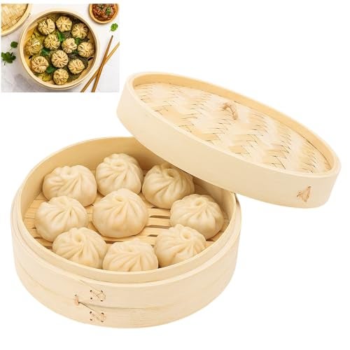 THW® Bamboo Basket Dimsum Vegetable Dumpling Momo Steamer | 7 Inches Diameter | Authentic Asian Cooking for Healthy Chinese Cuisine at Home - Image 1