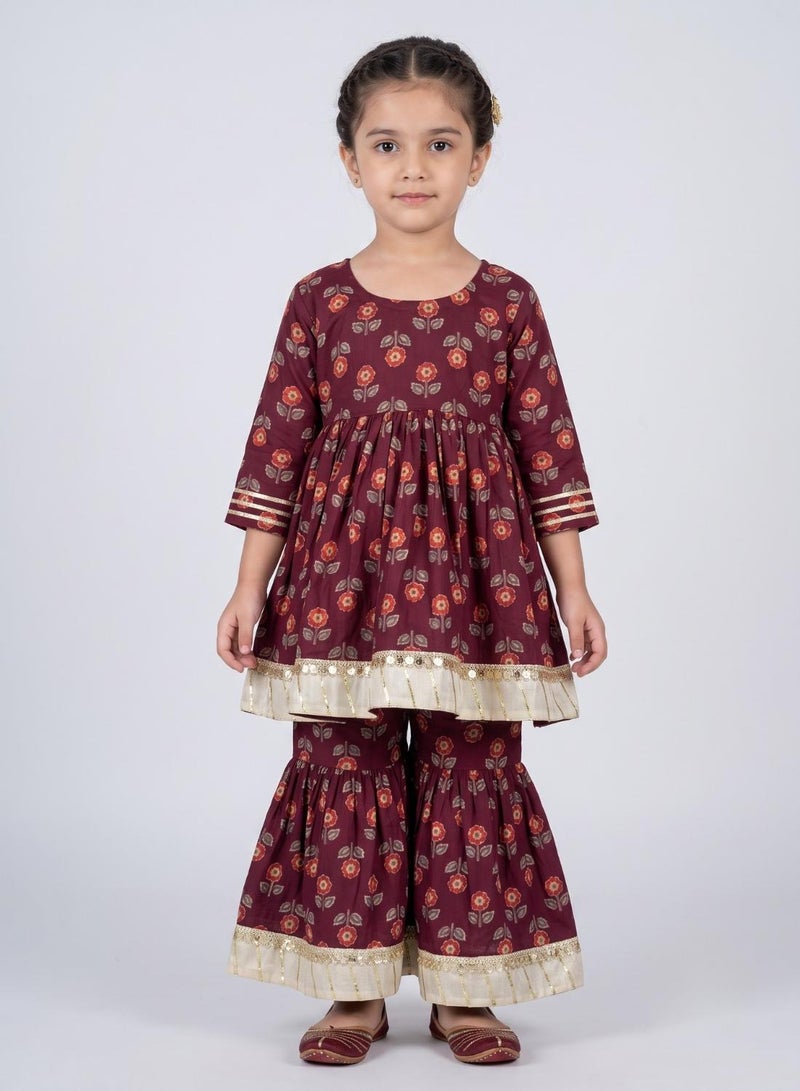 babyqlo Girls Maroon Floral Anarkali Kurta and Sharara Set - Image 1