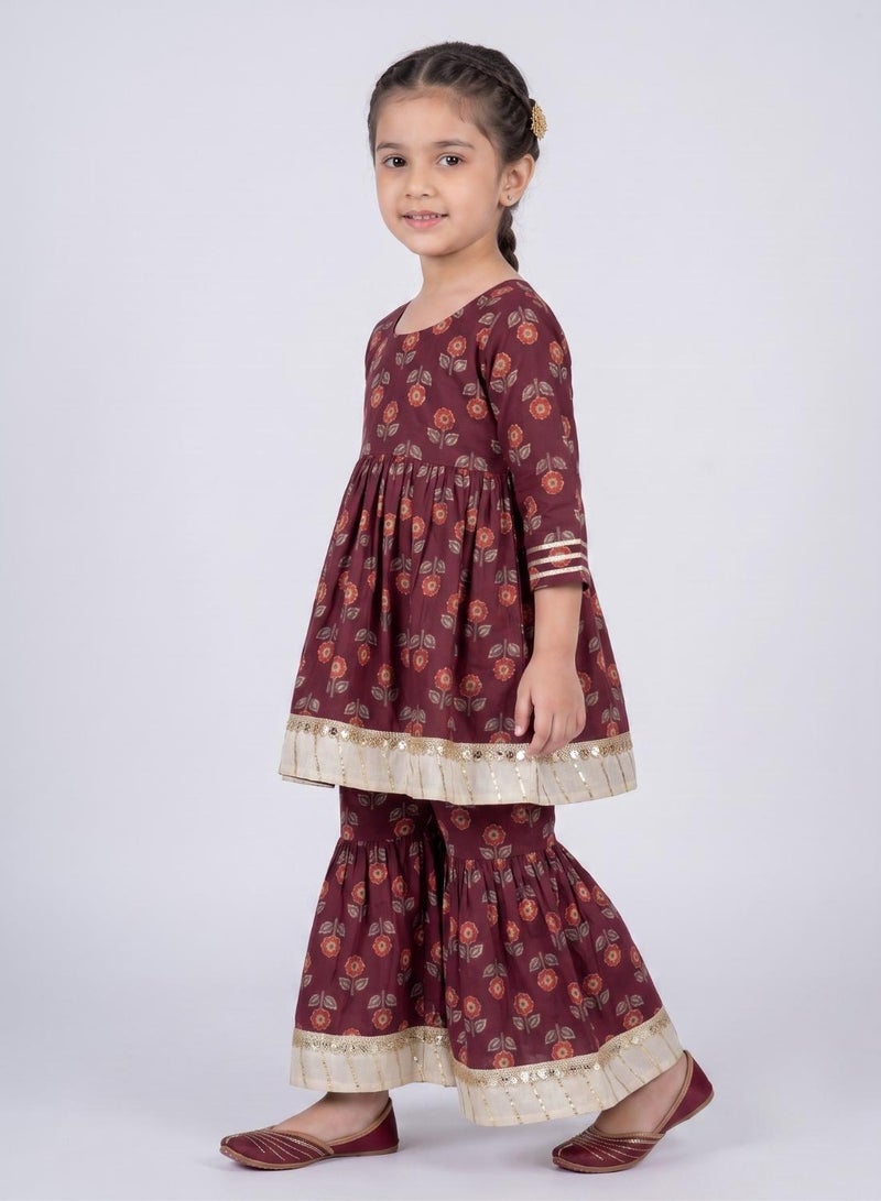 babyqlo Girls Maroon Floral Anarkali Kurta and Sharara Set - Image 4