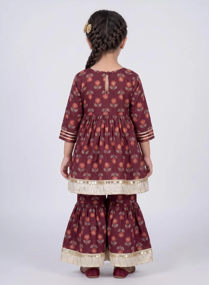 بيبي كلو Girls Maroon Floral Anarkali Kurta and Sharara Set