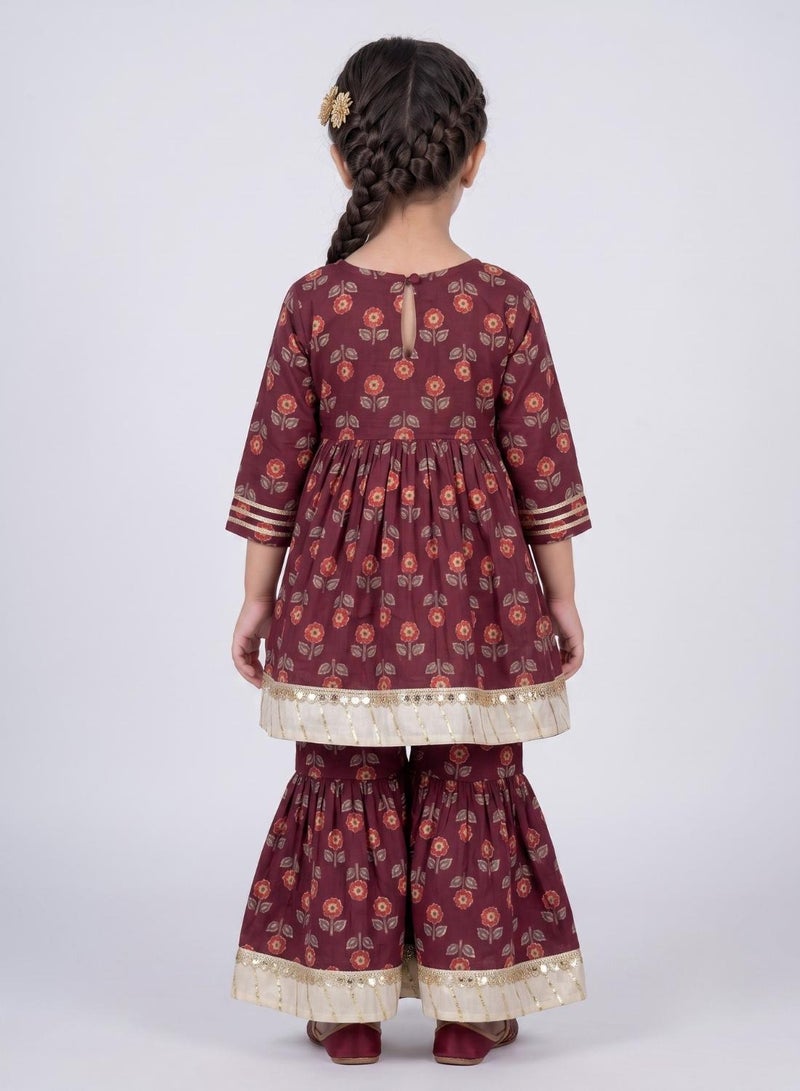 babyqlo Girls Maroon Floral Anarkali Kurta and Sharara Set - Image 2