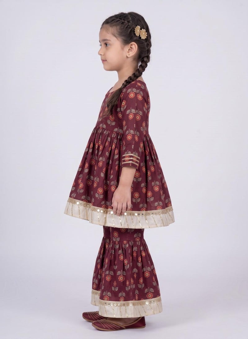 babyqlo Girls Maroon Floral Anarkali Kurta and Sharara Set - Image 3