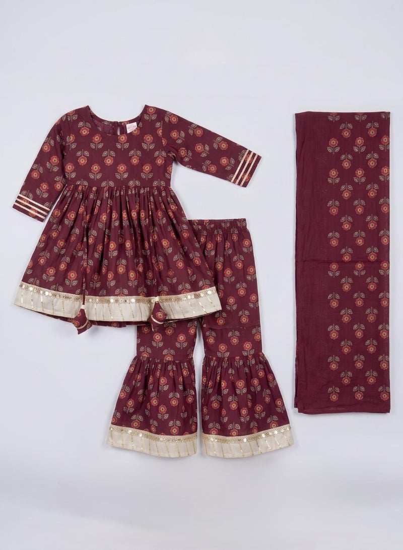 babyqlo Girls Maroon Floral Anarkali Kurta and Sharara Set - Image 5
