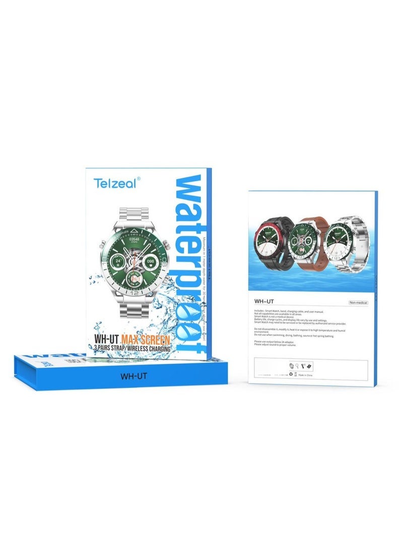 Telzeal WH-UT Smartwatch for Men with Waterproof Design, Large Max Screen Display, Wireless Charging Support – Includes 3 Interchangeable Straps for Custom Style – Black Fitness Tracker with Heart Rate Monitor, Sleep Tracking, and Notifications - Image 1