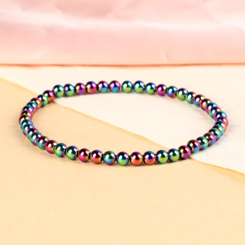 LPBeads Handmade Natural Gemstone Stretch Elastic 4mm Rainbow Coated Hematite Bracelet Healing Crystal Round Stone Beads Jewelry Gifts for Women Men - Image 3