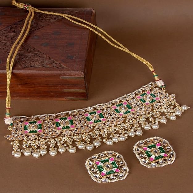 ACCESSHER Traditional Gold Plated Statement Choker Necklace Set for Women Gold Tone Jewelry with Purple and Green Stones Studded Necklace with Earrings Combo for Special Occasions (Design 2) - Image 4