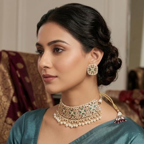ACCESSHER Traditional Gold Plated Statement Choker Necklace Set for Women Gold Tone Jewelry with Purple and Green Stones Studded Necklace with Earrings Combo for Special Occasions (Design 2) - Image 3